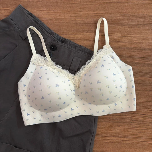 Women Sexy Lace Floral Bras Cute Bows Comfortable Anti-Sagging Seamless Wireless Push-up Brassiere Underwear for Small Cup Size