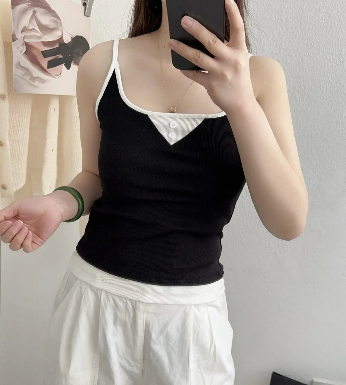 Women’s Ribbed Contrast Trim Camisole Top with Front Button Detail