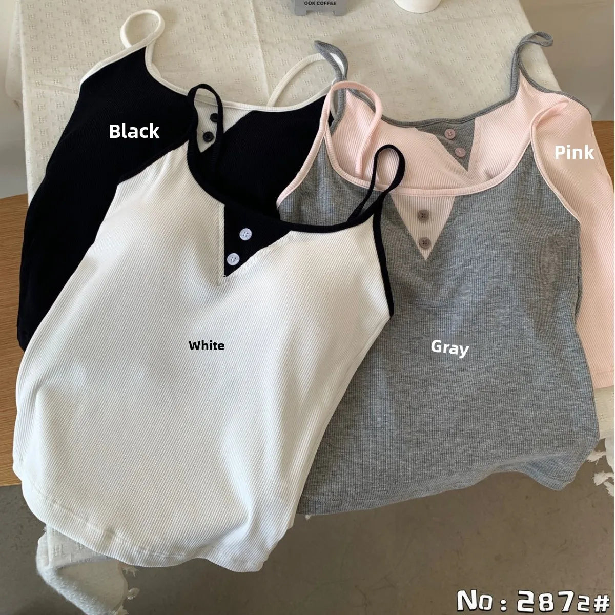 Women’s Ribbed Contrast Trim Camisole Top with Front Button Detail
