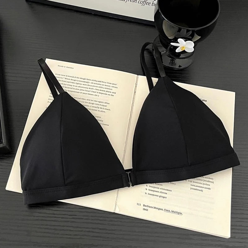 French Triangle Cup Women's Underwear Sexy Thin Strap Bra Cover with Front Buckle Design Summer Beauty Back Set for Gathered Bra