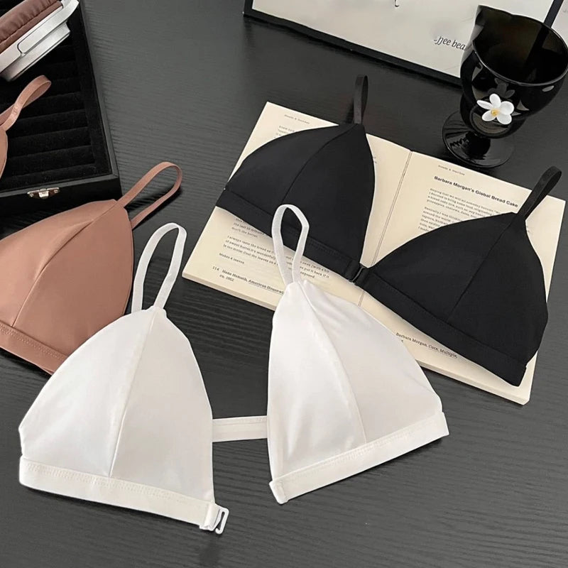 French Triangle Cup Women's Underwear Sexy Thin Strap Bra Cover with Front Buckle Design Summer Beauty Back Set for Gathered Bra