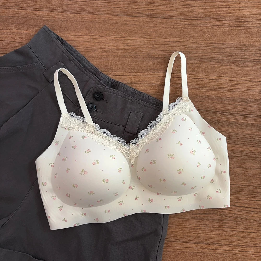 Women Sexy Lace Floral Bras Cute Bows Comfortable Anti-Sagging Seamless Wireless Push-up Brassiere Underwear for Small Cup Size