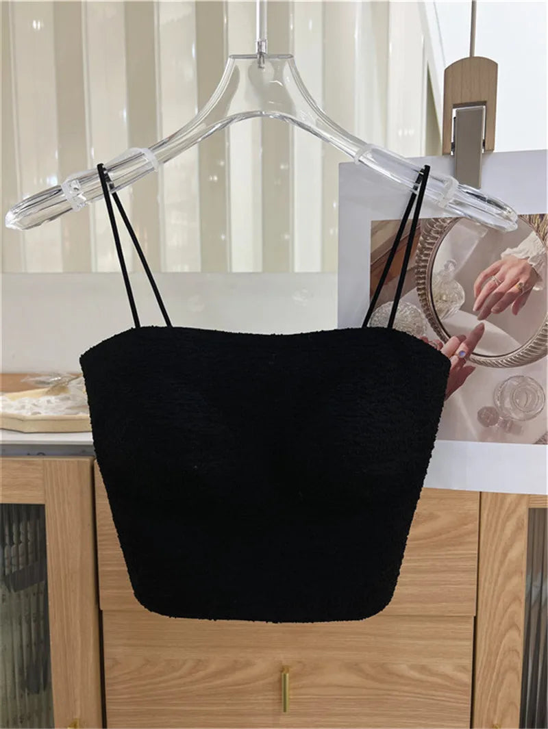 Women Camisole With Chest Pads Summer Thin Ice Silk Crop Tops Solid Color Female Sexy Sleeveless Tanks Top