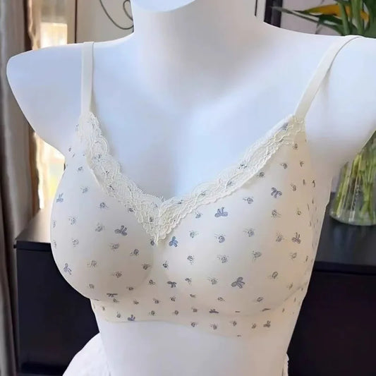 Women Sexy Lace Floral Bras Cute Bows Comfortable Anti-Sagging Seamless Wireless Push-up Brassiere Underwear for Small Cup Size