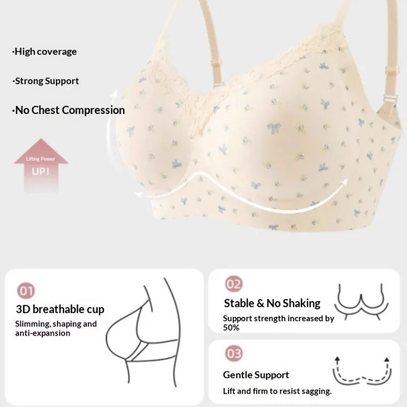 Women Sexy Lace Floral Bras Cute Bows Comfortable Anti-Sagging Seamless Wireless Push-up Brassiere Underwear for Small Cup Size
