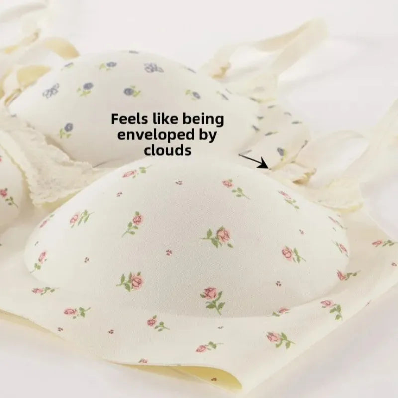 Women Sexy Lace Floral Bras Cute Bows Comfortable Anti-Sagging Seamless Wireless Push-up Brassiere Underwear for Small Cup Size