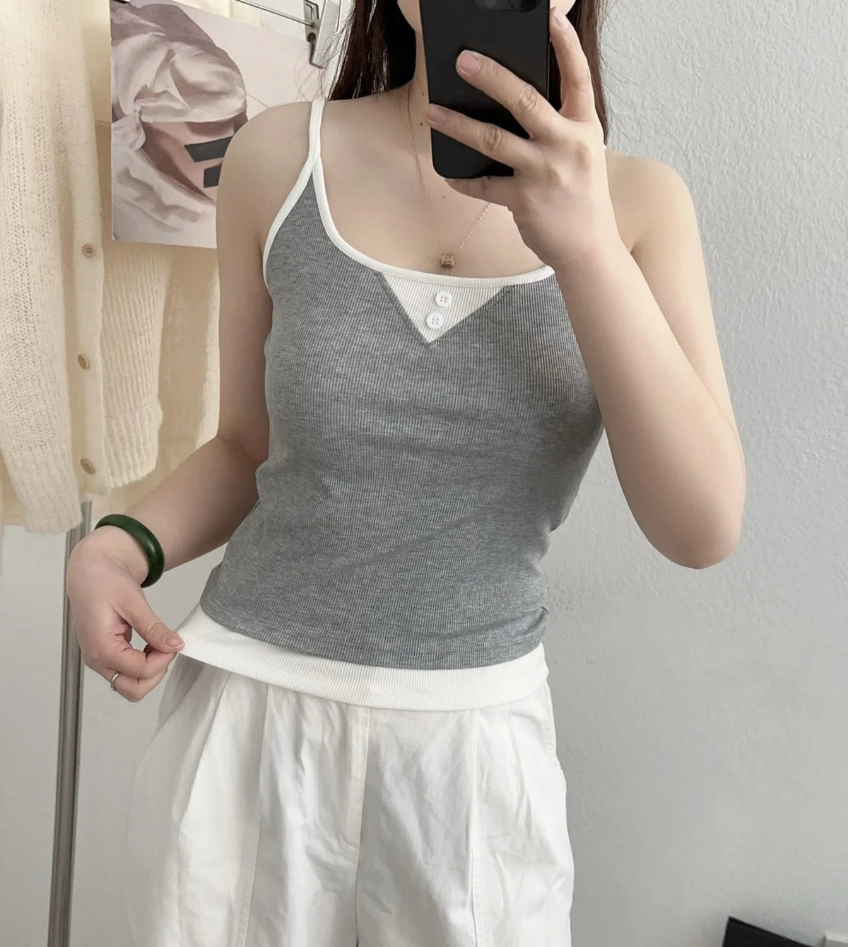 Women’s Ribbed Contrast Trim Camisole Top with Front Button Detail
