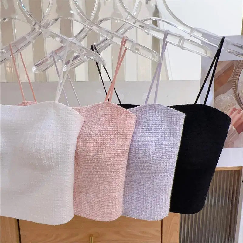 Women Camisole With Chest Pads Summer Thin Ice Silk Crop Tops Solid Color Female Sexy Sleeveless Tanks Top