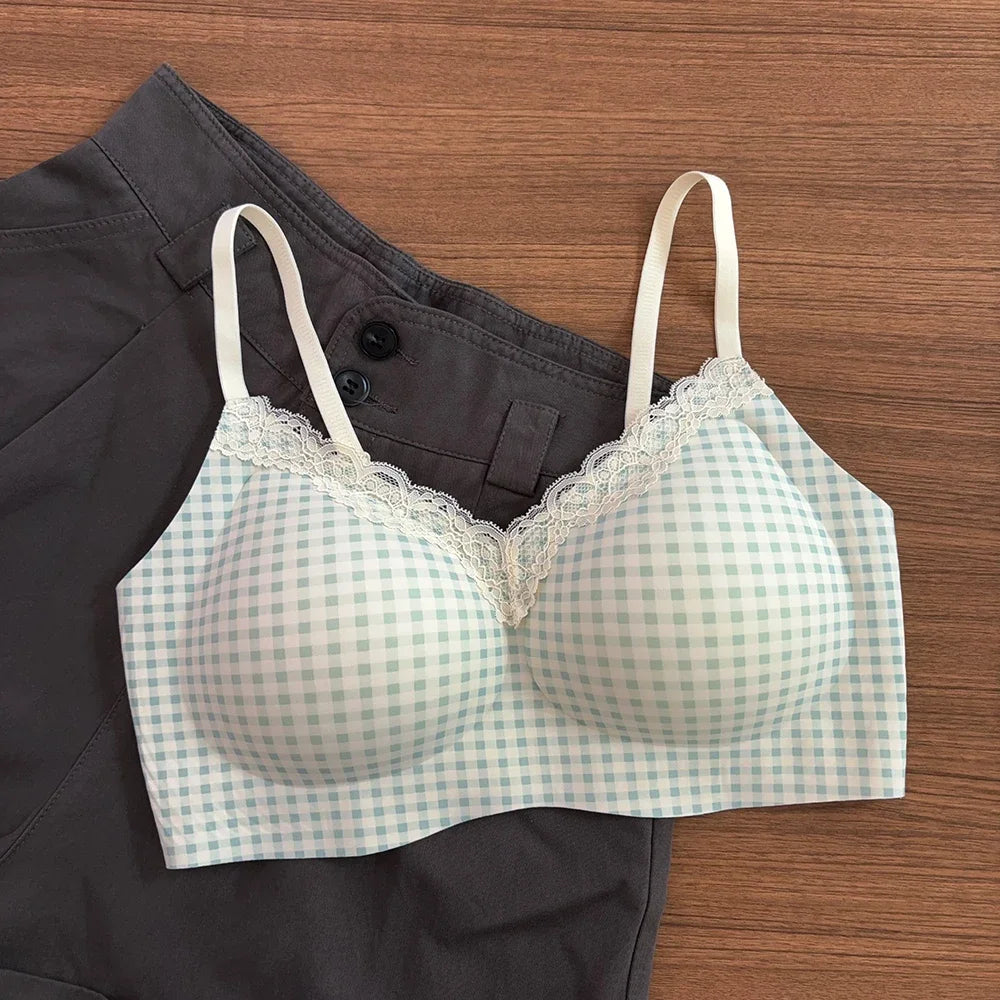Women Sexy Lace Floral Bras Cute Bows Comfortable Anti-Sagging Seamless Wireless Push-up Brassiere Underwear for Small Cup Size
