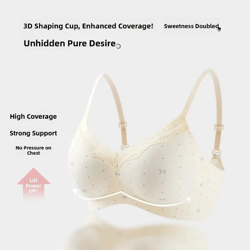 Women Sexy Lace Floral Bras Cute Bows Comfortable Anti-Sagging Seamless Wireless Push-up Brassiere Underwear for Small Cup Size