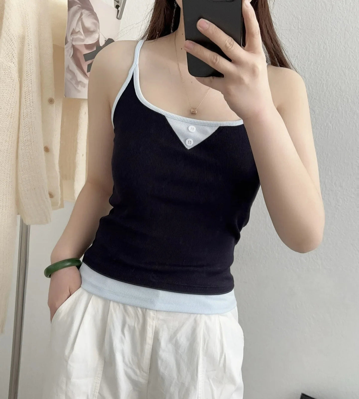 Women’s Ribbed Contrast Trim Camisole Top with Front Button Detail
