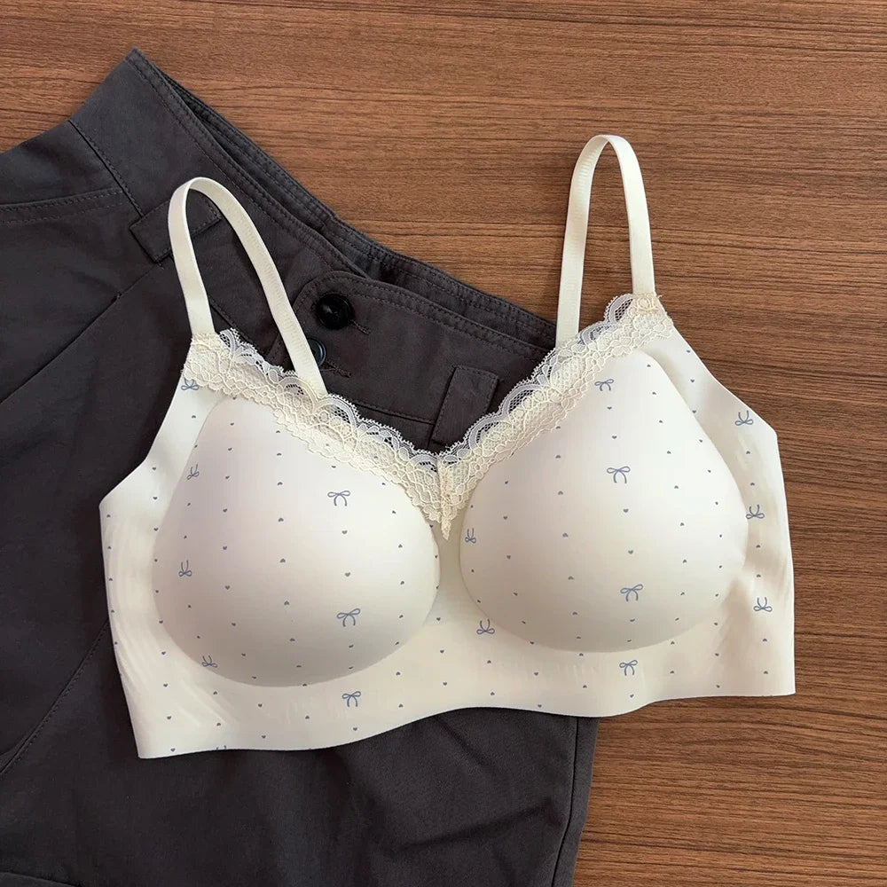 Women Sexy Lace Floral Bras Cute Bows Comfortable Anti-Sagging Seamless Wireless Push-up Brassiere Underwear for Small Cup Size