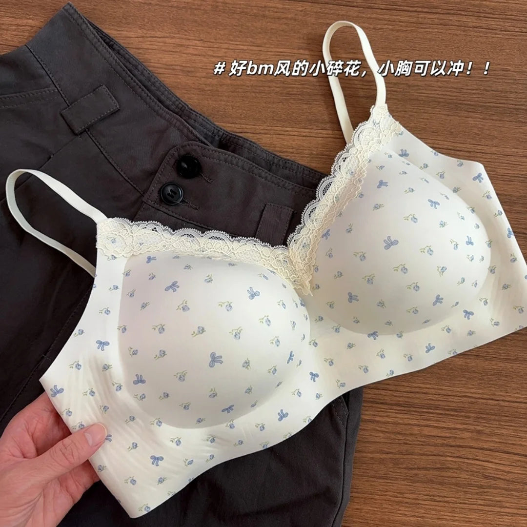 Women Sexy Lace Floral Bras Cute Bows Comfortable Anti-Sagging Seamless Wireless Push-up Brassiere Underwear for Small Cup Size