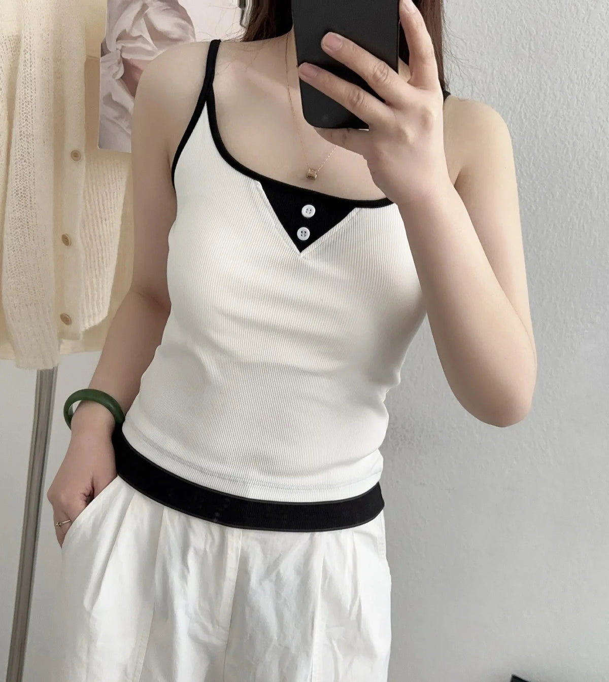 Women’s Ribbed Contrast Trim Camisole Top with Front Button Detail