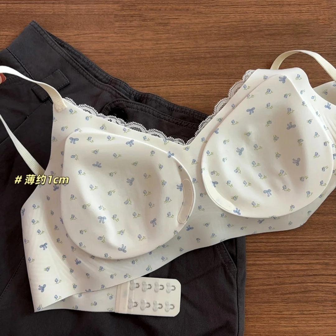 Women Sexy Lace Floral Bras Cute Bows Comfortable Anti-Sagging Seamless Wireless Push-up Brassiere Underwear for Small Cup Size