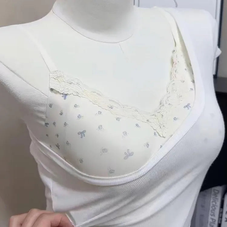 Women Sexy Lace Floral Bras Cute Bows Comfortable Anti-Sagging Seamless Wireless Push-up Brassiere Underwear for Small Cup Size