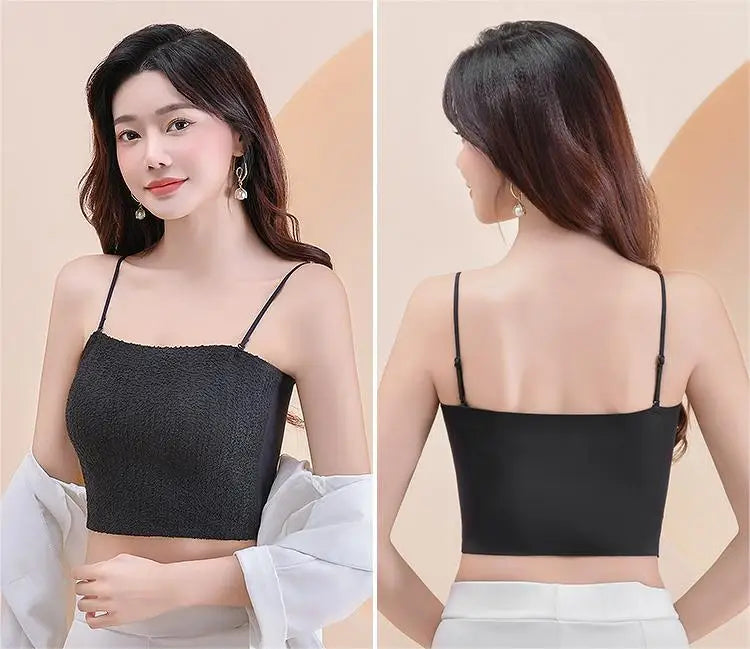 Women Camisole With Chest Pads Summer Thin Ice Silk Crop Tops Solid Color Female Sexy Sleeveless Tanks Top