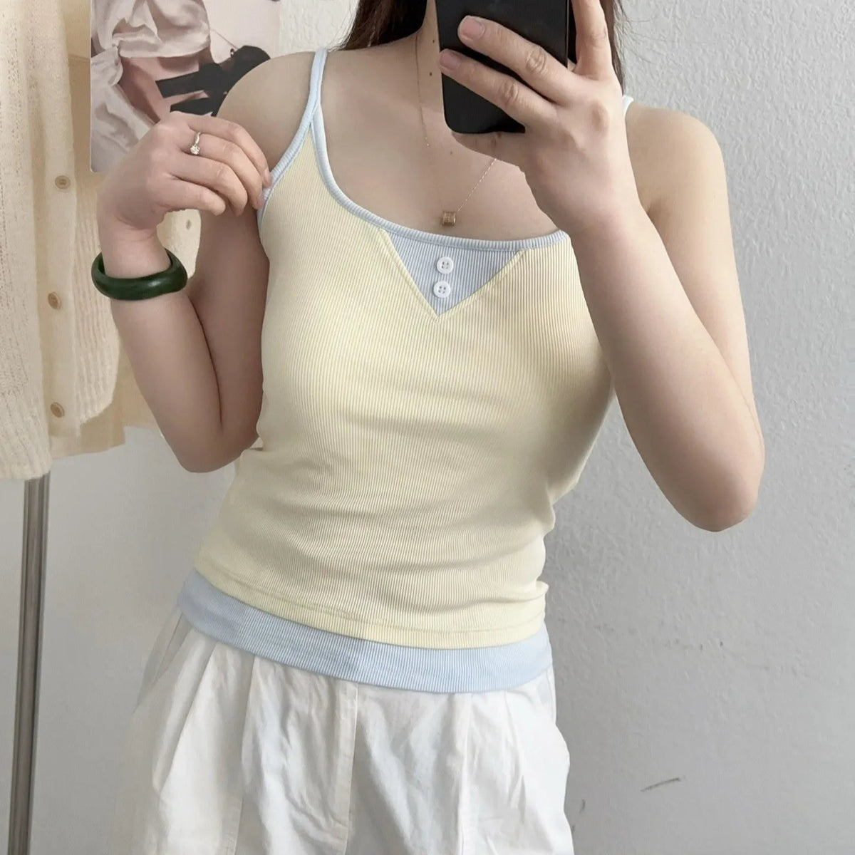 Women’s Ribbed Contrast Trim Camisole Top with Front Button Detail
