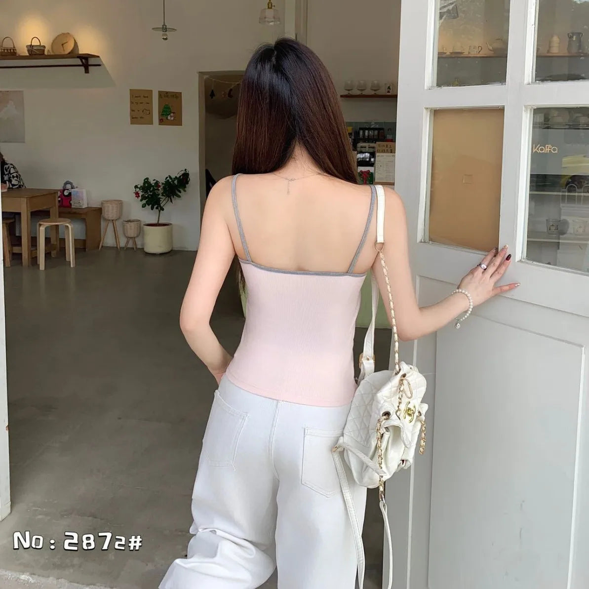 Women’s Ribbed Contrast Trim Camisole Top with Front Button Detail