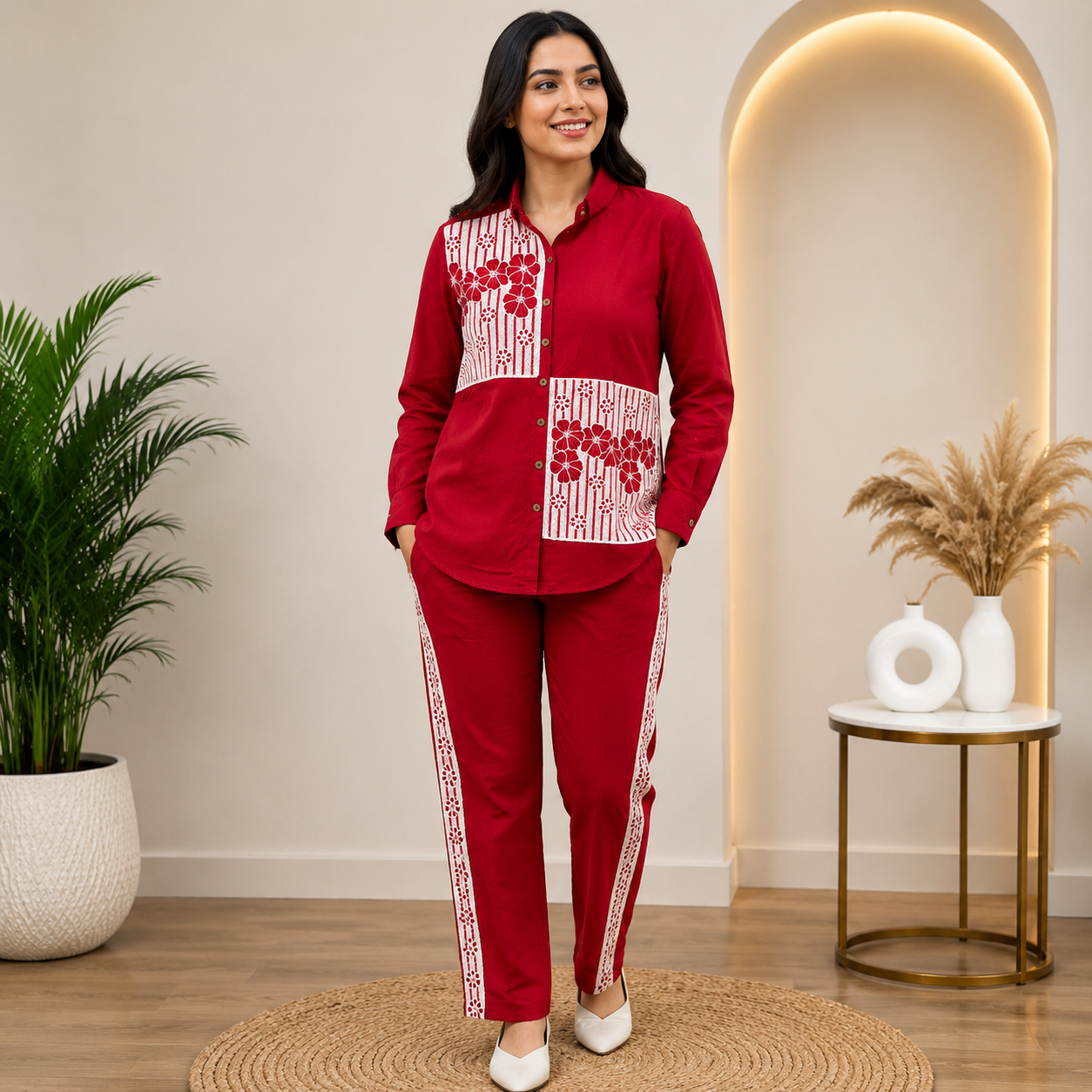 Women's Rust Floral Embroidered Co-Ord Set