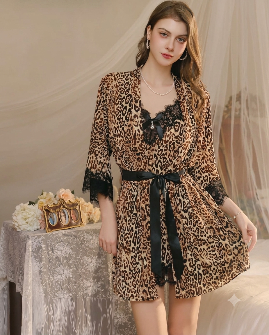 Leopard Print Lace-Trim Nightdress