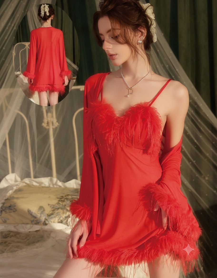 Elegant Red Fur Detail 2-Piece Nightwear