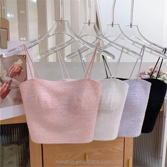 Women Camisole With Chest Pads Summer Thin Ice Silk Crop Tops Solid Color Female Sexy Sleeveless Tanks Top