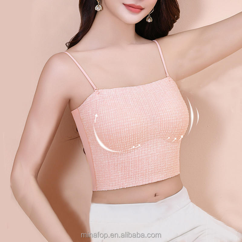 Women Camisole With Chest Pads Summer Thin Ice Silk Crop Tops Solid Color Female Sexy Sleeveless Tanks Top
