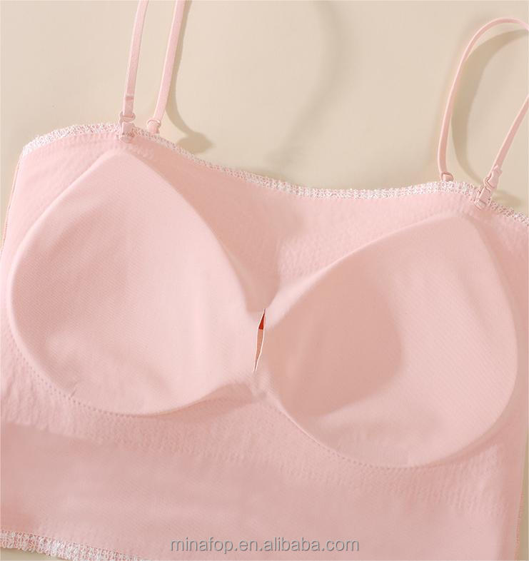 Women Camisole With Chest Pads Summer Thin Ice Silk Crop Tops Solid Color Female Sexy Sleeveless Tanks Top