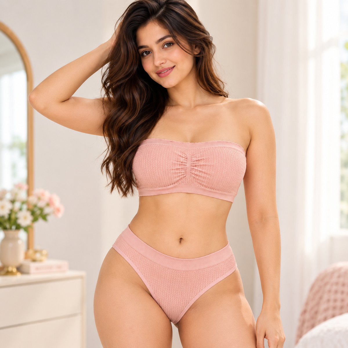 Seamless Ribbed Bandeau Bra & Thong Set – Blush Pink